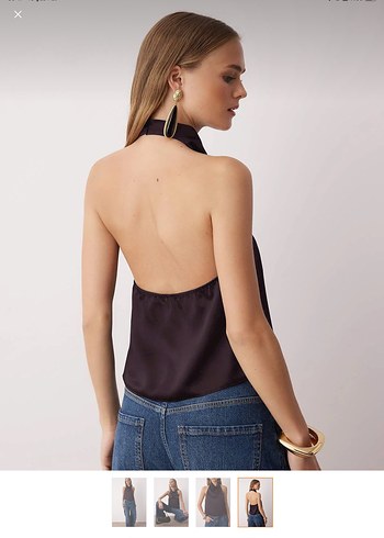 Kahverengi Saten Bluz - Görsel 3