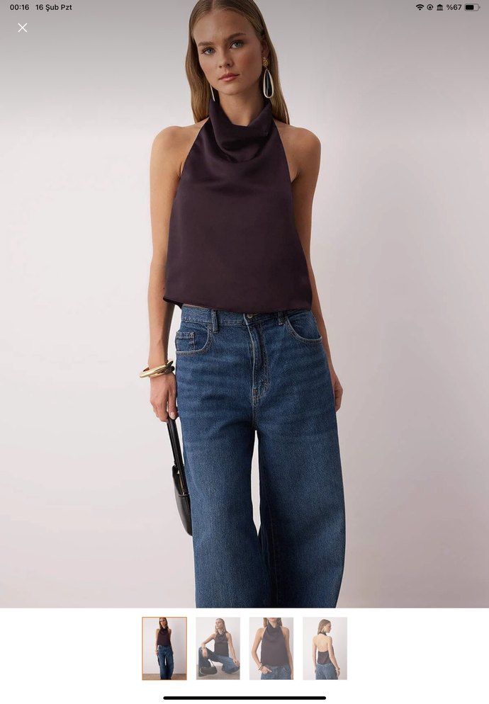 Kahverengi Saten Bluz - Görsel 2