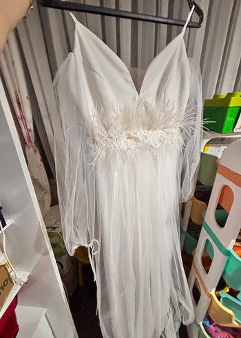 Bohem V Yaka Uzun Beyaz Gelinlik - Görsel 2