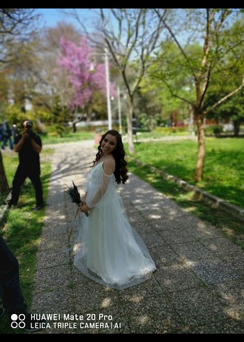 Bohem V Yaka Uzun Beyaz Gelinlik - Görsel 4