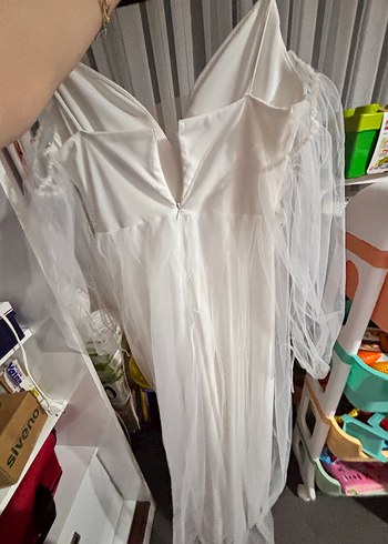 Bohem V Yaka Uzun Beyaz Gelinlik - Görsel 3