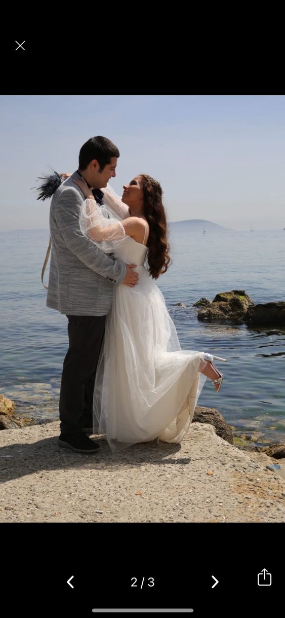 Bohem V Yaka Uzun Beyaz Gelinlik - Görsel 5