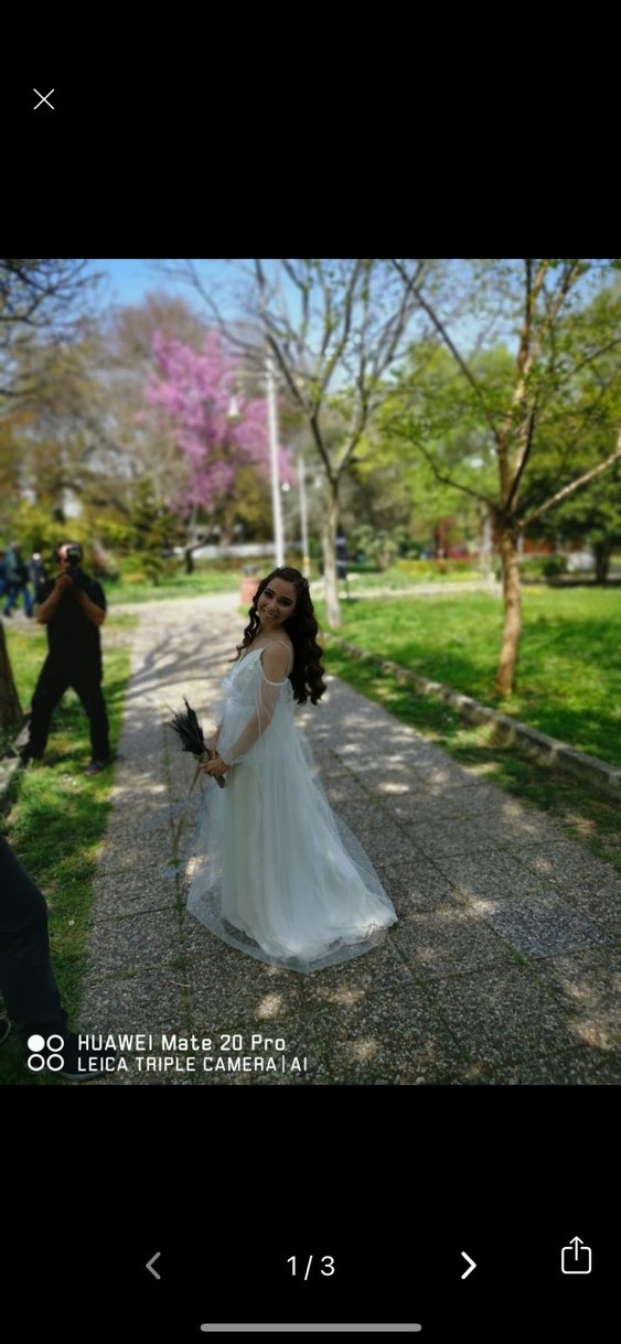 Bohem V Yaka Uzun Beyaz Gelinlik - Görsel 4