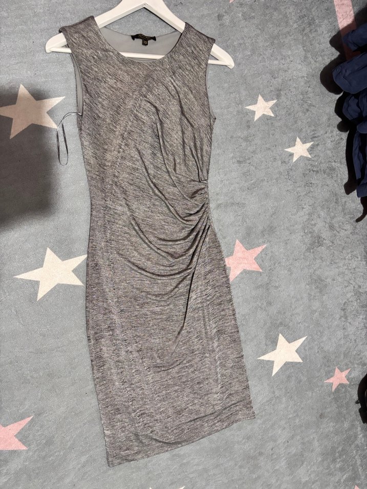 Gri Drapeli Kolsuz Midi Triko Elbise - Görsel 3