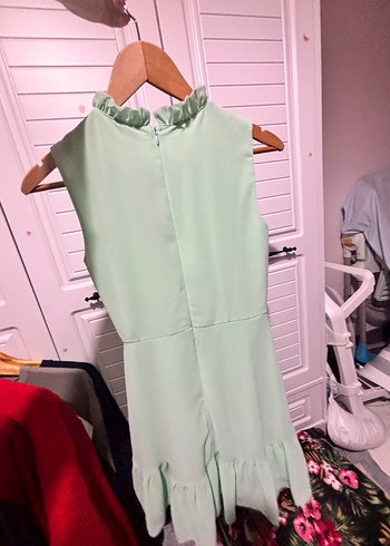 Fırfırlı Kolsuz Uzun Yeşil Elbise - Görsel 3