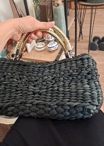 Siyah hasir el cantasi Zincir Detaylı Örgü Siyah Kadın Çanta - Görsel 6