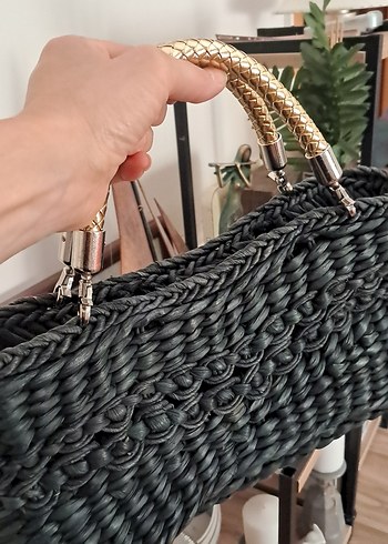 Siyah hasir el cantasi Zincir Detaylı Örgü Siyah Kadın Çanta