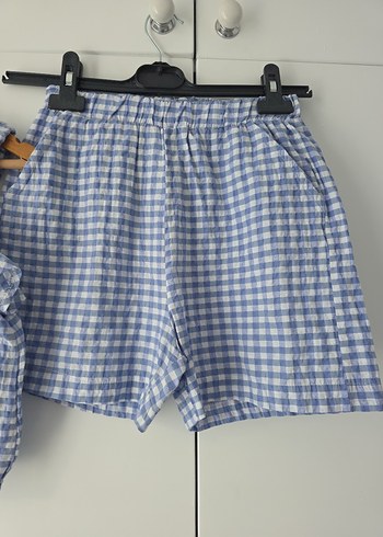 Mavi Kareli Pamuklu Kız Bluz Şort - Görsel 3