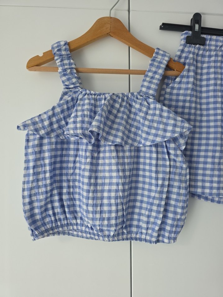 Mavi Kareli Pamuklu Kız Bluz Şort - Görsel 2