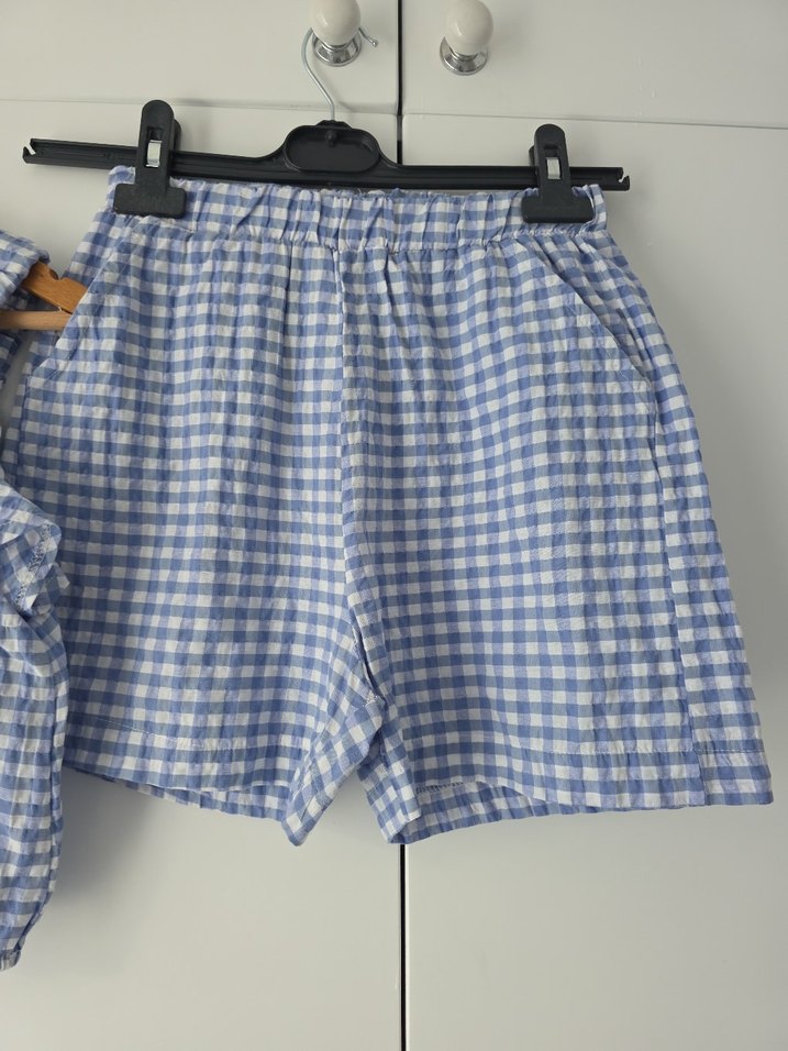 Mavi Kareli Pamuklu Kız Bluz Şort - Görsel 3