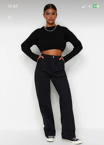 Trendyolmilla siyah cep detaylı yüksel bel wide leg jeans