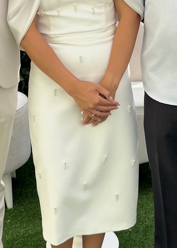 38 Beden Beyaz Kayık Yaka İncili Söz Nişan Nikah Abiye Elbise