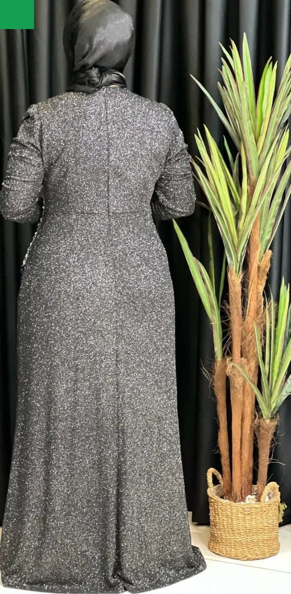 acı kahverengi kendinden simli Uzun Kollu Abiye Elbise - Görsel 3