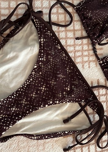 Dantel Detaylı Kahverengi Yılan Desenli Bikini - Görsel 3