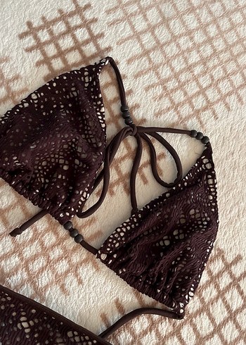 Dantel Detaylı Kahverengi Yılan Desenli Bikini - Görsel 2
