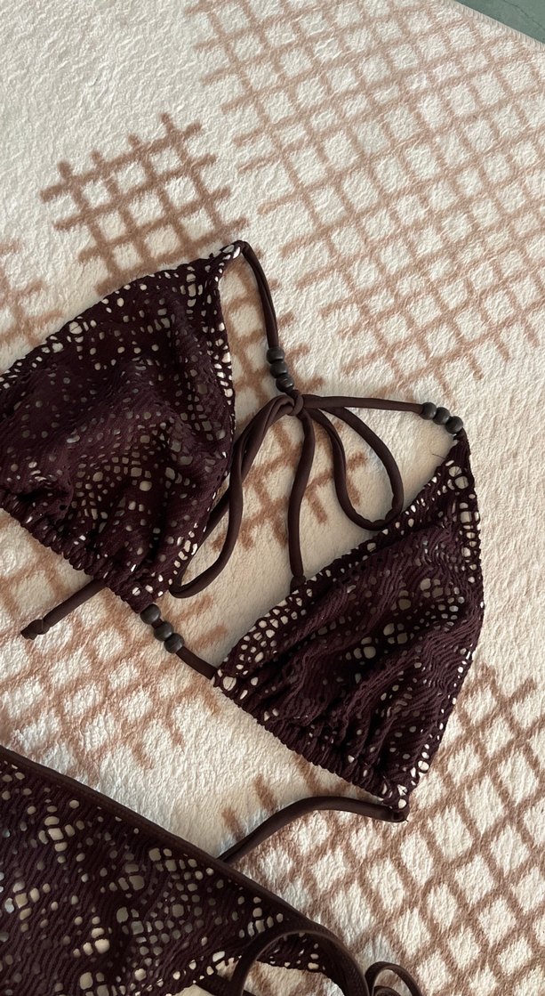 Dantel Detaylı Kahverengi Yılan Desenli Bikini - Görsel 2