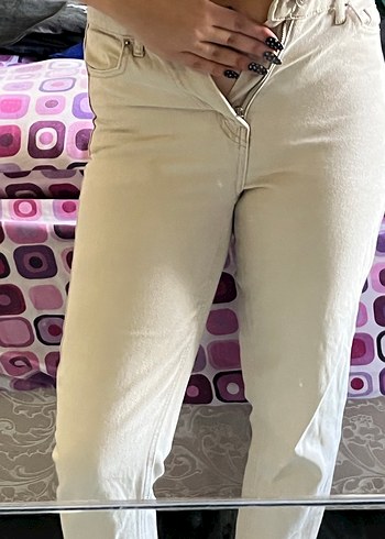 Düğmeli Beyaz Pamuklu Kadın Jean - Görsel 3