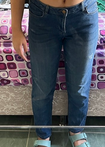 Düğmeli Bağlamalı Desenli Mavi Kadın Jean - Görsel 3