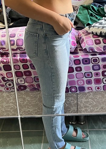 Düğmeli Normal Boy Kadın Gri Denim Jean - Görsel 3