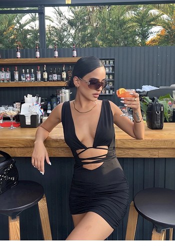 Siyah V Yaka Mini Elbise - Görsel 2