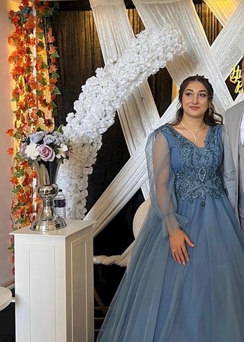 Uzun Kollu Nakışlı Mavi Nişan Elbisesi - Görsel 2