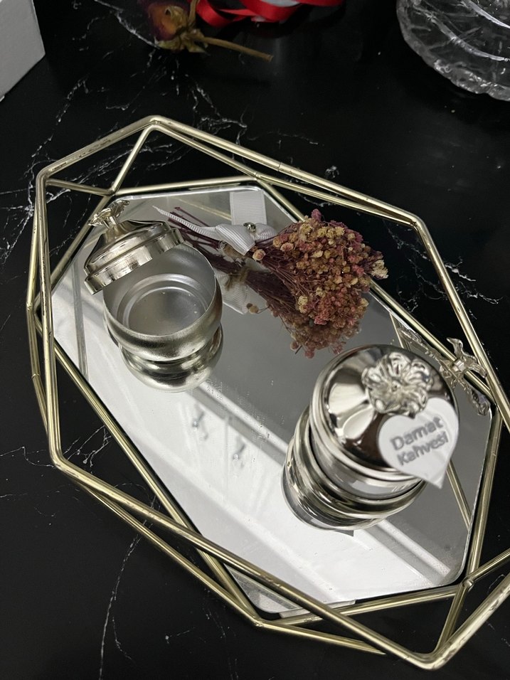 Gri camlı damat kahvesi ve yüzük tepsisi seti - Görsel 2