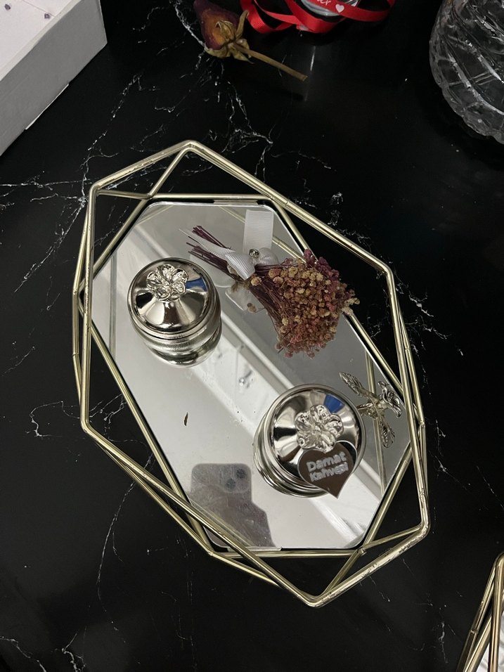 Gri camlı damat kahvesi ve yüzük tepsisi seti - Görsel 5