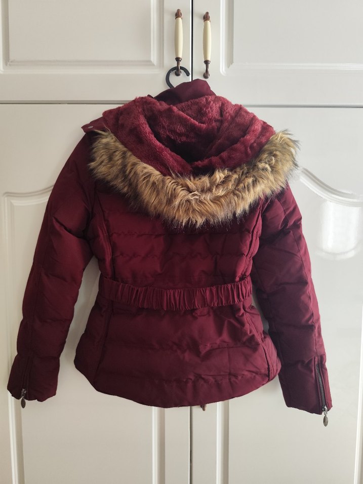 Bordo Kemerli Kadın Kışlık Mont - Görsel 3