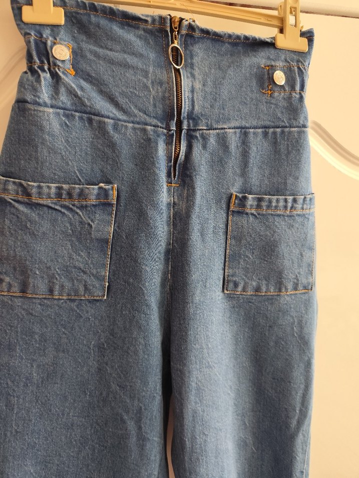 Kadın Kemerli Mavi Denim Midi Pantolon - Görsel 2