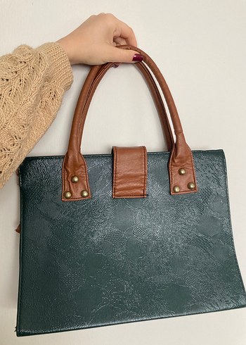 Kahverengi Deri Yılan Desenli Yeşil Vintage Çanta - Görsel 2
