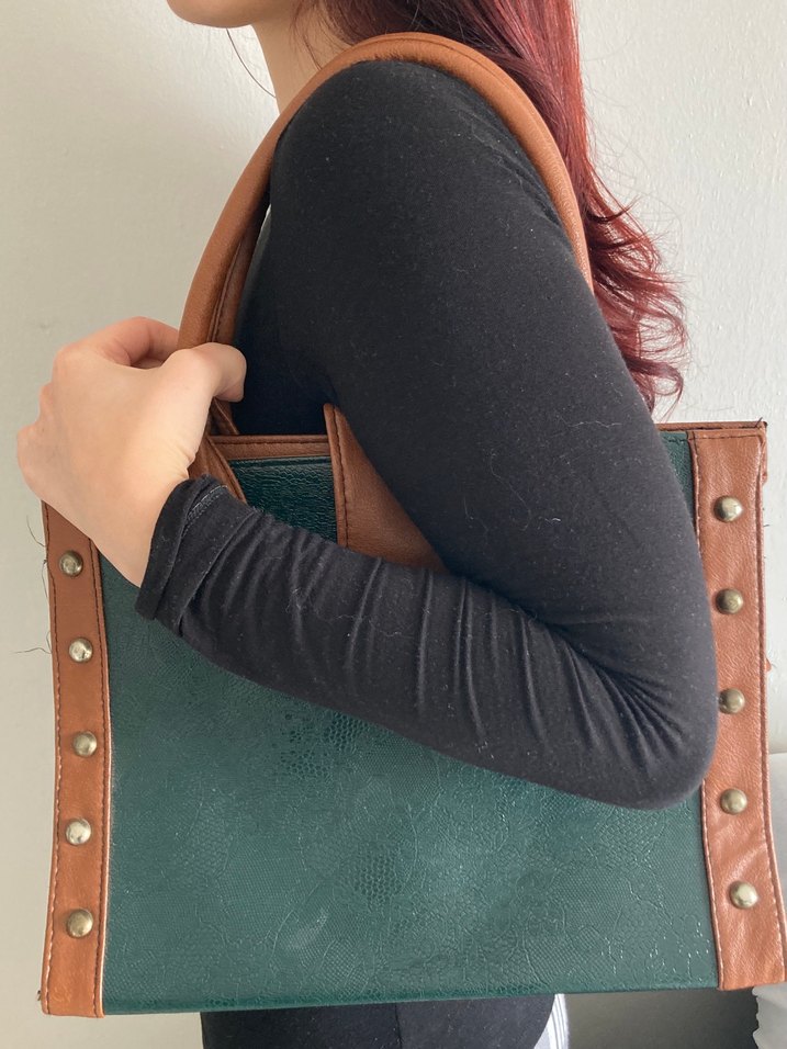 Kahverengi Deri Yılan Desenli Yeşil Vintage Çanta - Görsel 5