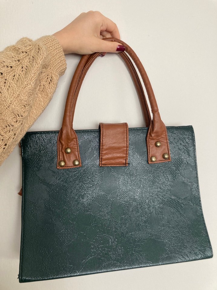 Kahverengi Deri Yılan Desenli Yeşil Vintage Çanta - Görsel 2