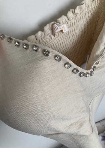 Bej Nakışlı Kısa Keten Bustiyer - Görsel 4