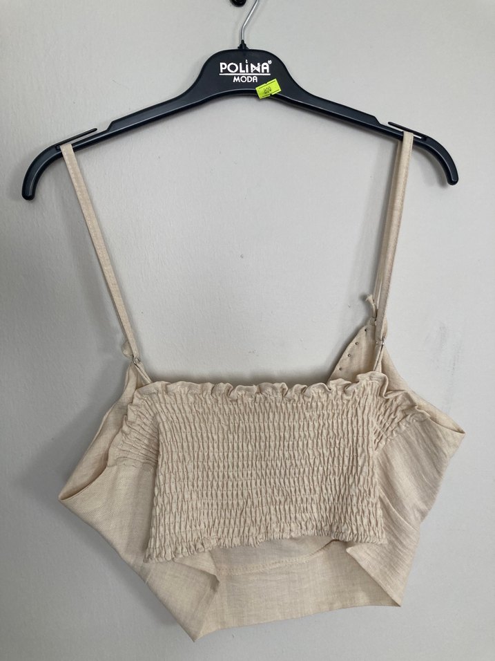 Bej Nakışlı Kısa Keten Bustiyer - Görsel 2