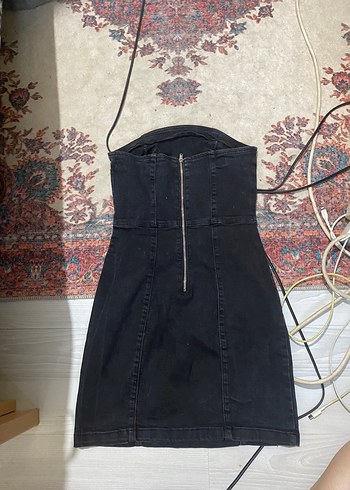 Diğer Siyah Kot Straplez Mini Elbise