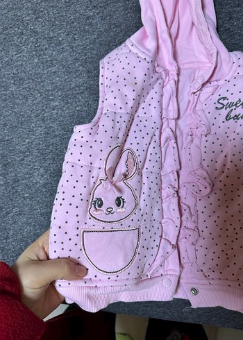 Kız Çocuk Kapüşonlu Pembe Triko Yelek - Görsel 2