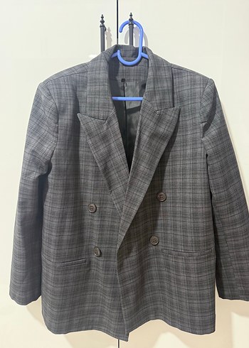Zara Gri Ekose Cift Sirali Blazer Ceket