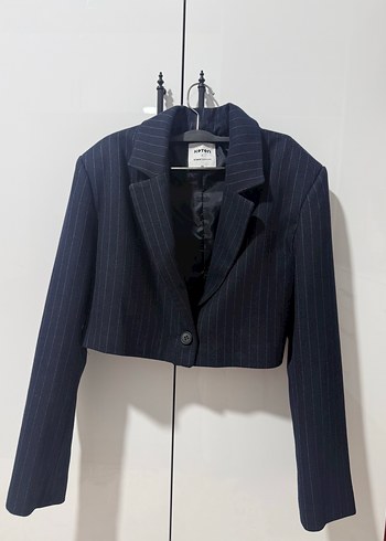 Zara Lacivert İnce Cizgili Kisa Crop Blazer Ceket