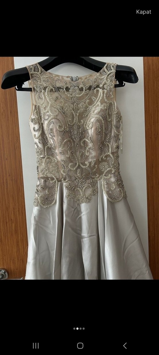 Nakışlı V Yaka Bej Uzun Abiye Elbise - Görsel 2