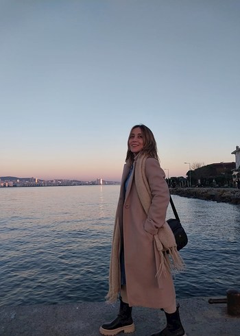 Bej Kadın Uzun Düz Kesim Palto - Görsel 4