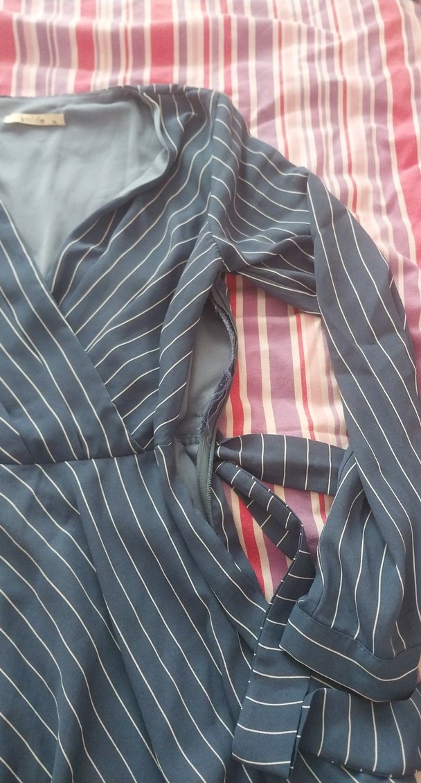 mavi Çizgili Uzun Kollu Piliseli Elbise - Görsel 3