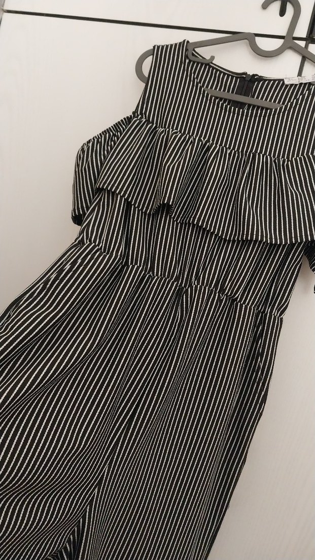 Çizgili, Askısız, Uzun Siyah Tulum - Görsel 2