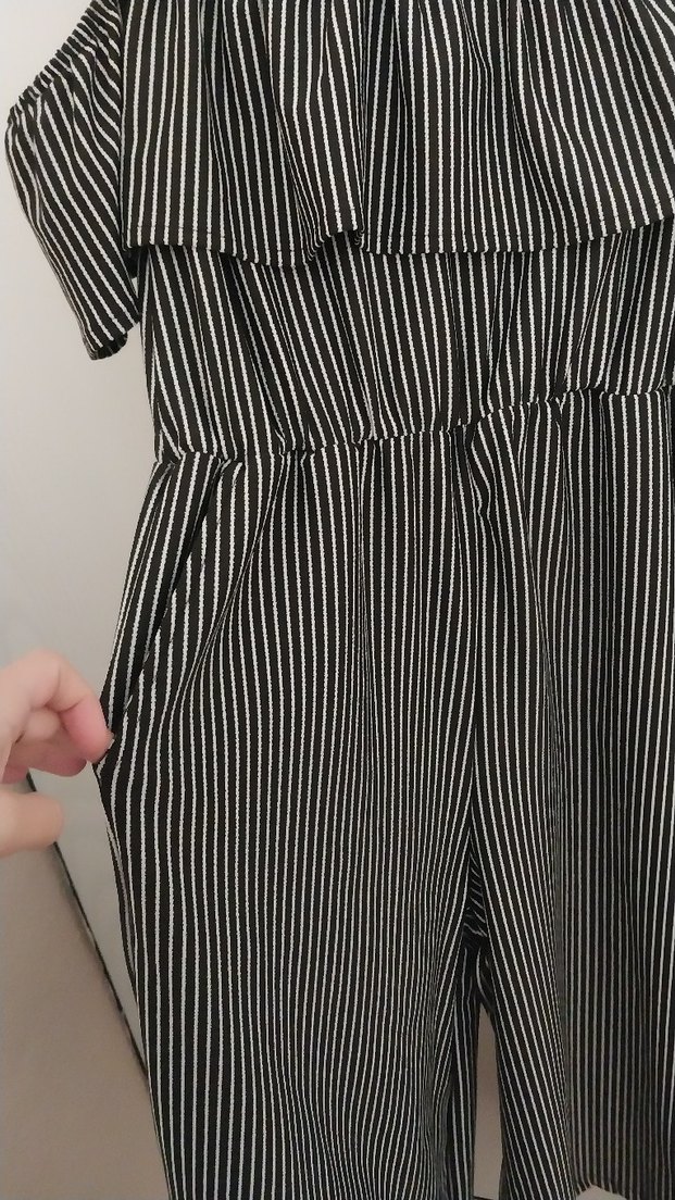 Çizgili, Askısız, Uzun Siyah Tulum - Görsel 3