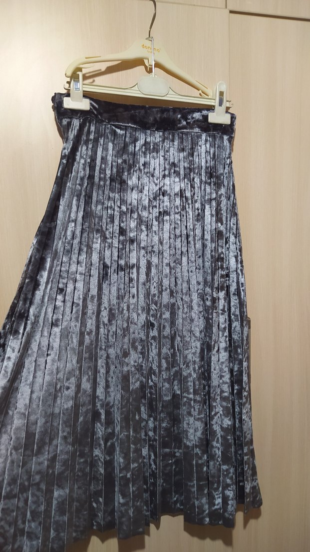 Gri Pilili Uzun Kadife Kadın Etek - Görsel 3