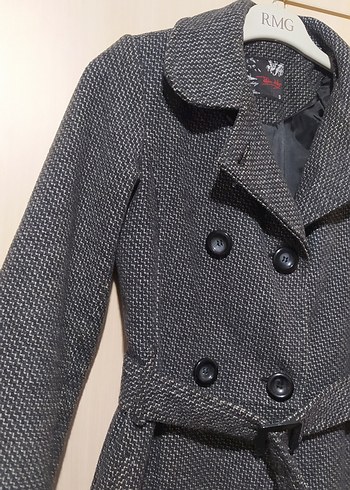 Kemerli Çift Düğmeli Gri Kaban - Görsel 2