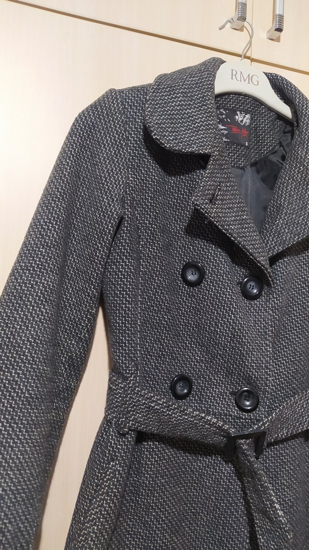 Kemerli Çift Düğmeli Gri Kaban - Görsel 2