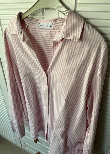 Pembe Çizgili Pamuklu Kadın Gömlek - Görsel 3