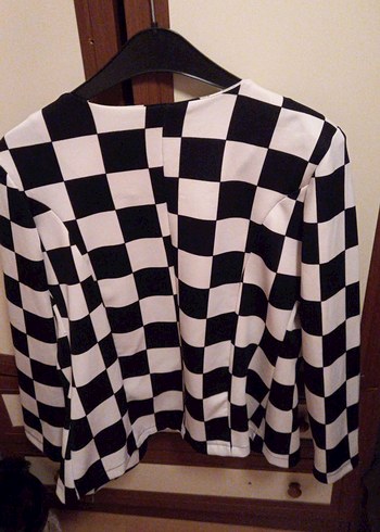 Düğmeli Siyah Beyaz Kareli Kadın Blazer - Görsel 2