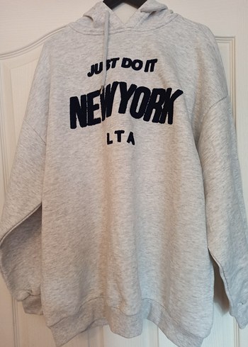 diğer Beden Gri Baskılı Kadın Sweatshirt Kapüşonlu bol kesim standart beden