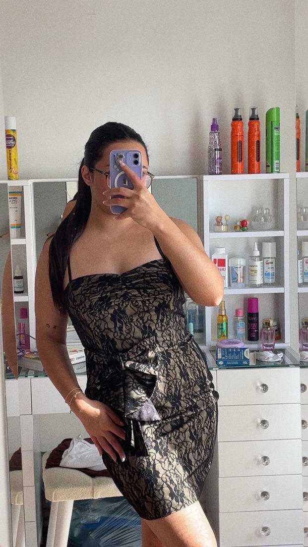 Dantel Detaylı Siyah Mini Straplez/Askılı Elbise - Görsel 2